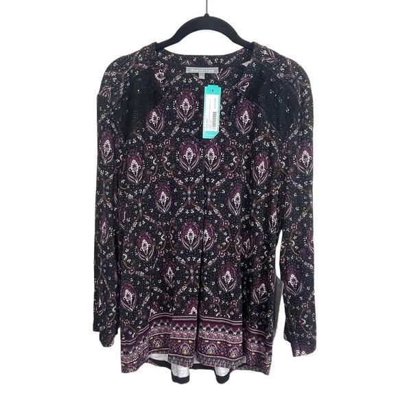 NWT Daniel Rainn Caleena 3/4 Sleeve Pleated Crochet Detail Knit Top Sz Petite LP - Picture 1 of 8